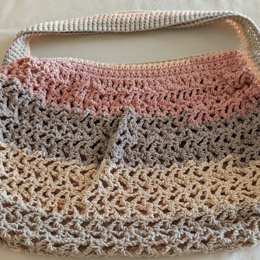 Elegant Crochet Tote Bag - Pink, Gray, Cream